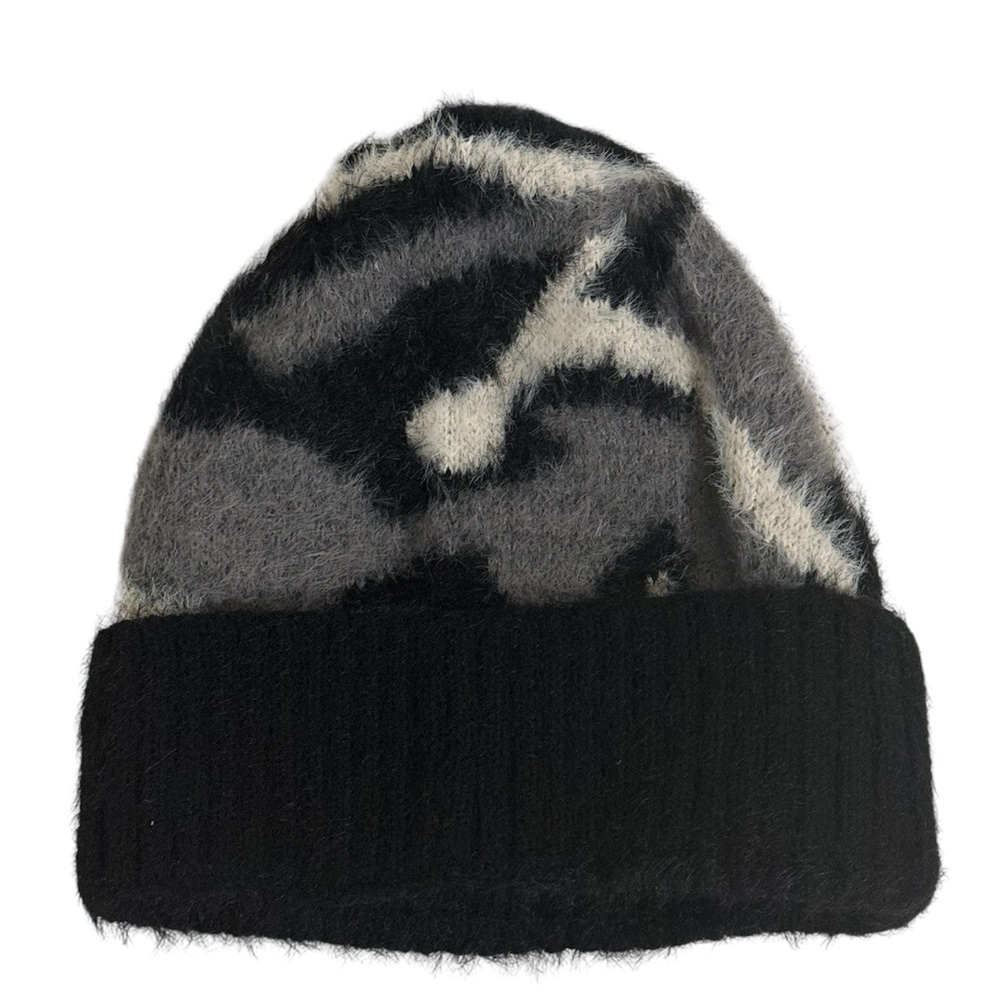 Soft Black Camo Fuzzy Winter Beanie Hat Cute & Trendy Camouflage